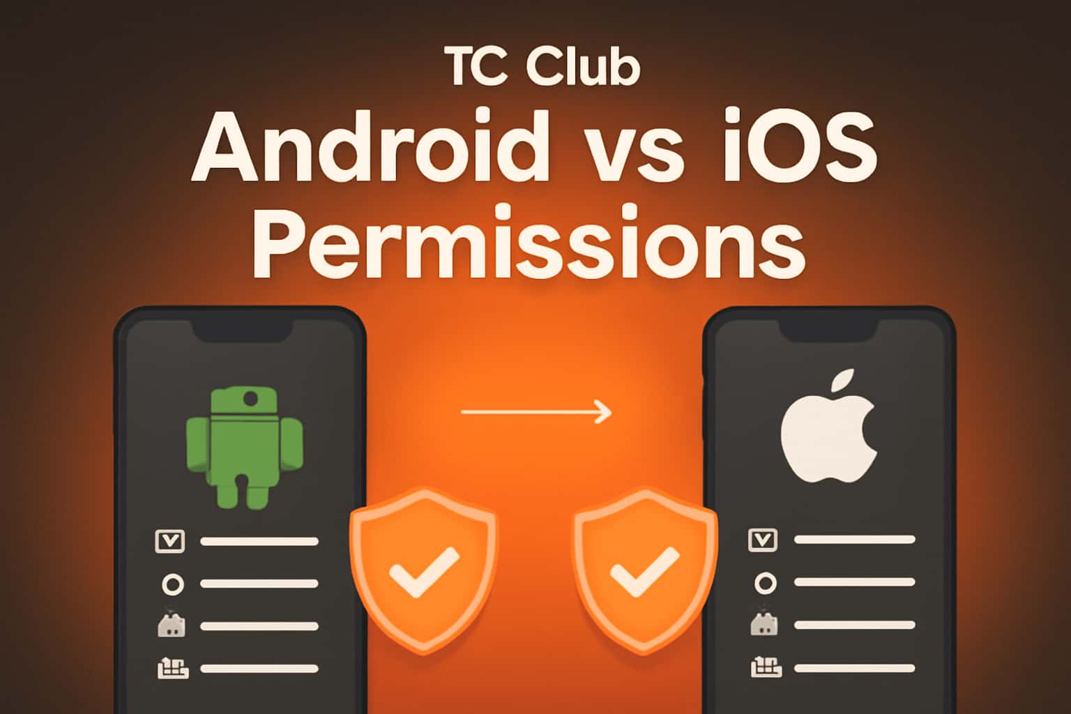 Informational graphic comparing Android and iOS TC Club Permissions in a tech-themed design.