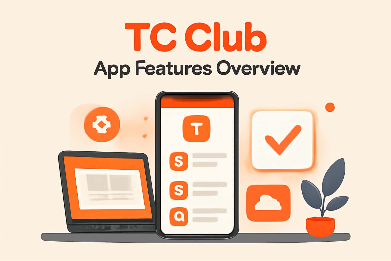 Overview of TC Club app features displayed in a high-tech style.